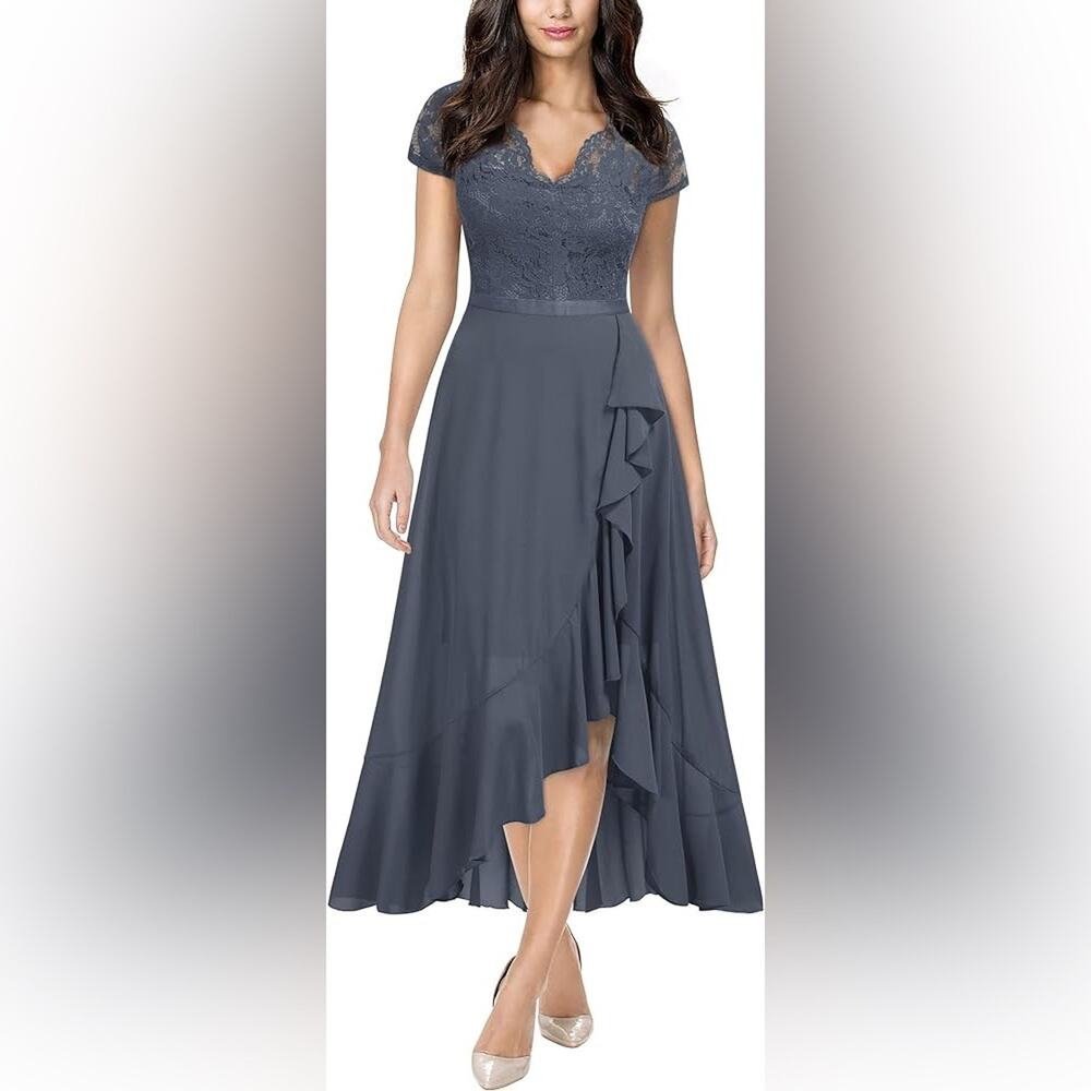 Womens Size 4-6 Dress NEW Asymmetircal Feminine Gray Formal Party Guest Midi - Picture 9 of 15
